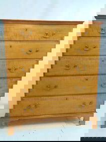 Tiger maple tall case blanket chest 3 drawers base, lift top, bracket feet, chest is 42.5" by 19",