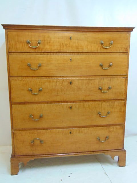 Tiger maple tall case blanket chest 3 drawers base, lift top, bracket feet, chest is 42.5" by 19", (1 of 6)