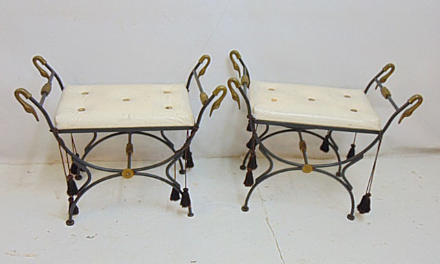 Pair decorative iron & brass stools with swan heads, stools are 26" by 12.25", height is 22" (1 of 4)