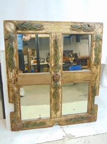 Decorative 4 panel mirror with carved wood detail, mirror is 42.25" by 37.25"