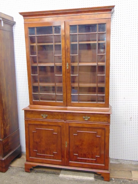 Quality bookcase, double door glass top, 2 draw, minor veneer damage, height 82 3/4" x 45" wide 16" (1 of 4)