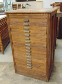 Hamilton oak printers cabinet, 27" by 21.5", height is 43", 16 drawers