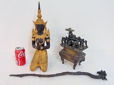 Bronze Asian lot, Thai Buddha figure with gilt highlights, incense with figural top showing figure