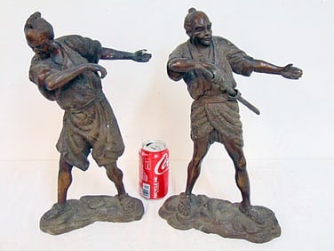 Pair Japanese bronze figures, one with sword, unsigned, height is 16"