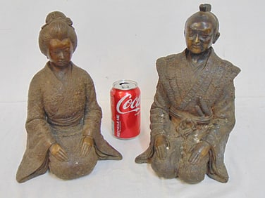 Pair Japanese bronze figures, man & woman kneeling, unsigned, height is 11.75"