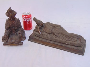 2 Japanese bronze figures, woman with musical instrument & woman in elaborated robe reclining,