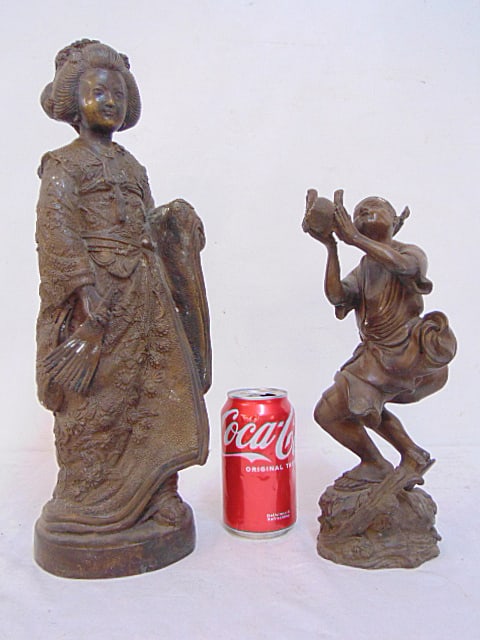 2 Japanese bronzes, boy blowing on sea shell & woman with fan in elaborate robe, kimono, height is (1 of 7)