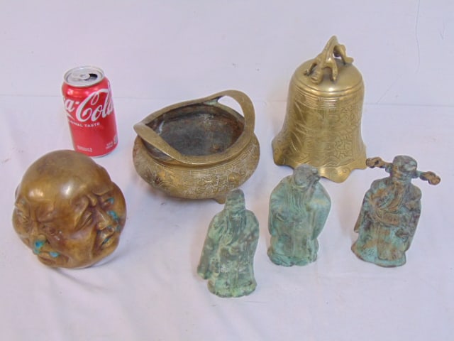 Lot of bronze figures, objects, Asian, includes 3 small Japanese figures with green patina, 5.5" (1 of 10)