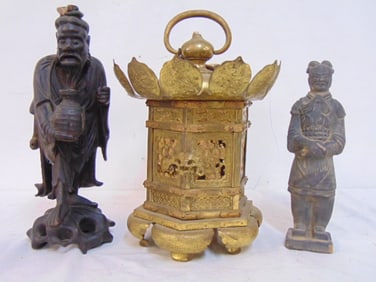 Brass Asian lantern, carved wood Chinese figure & Chinese mud figure, carving is 12.25" tall has