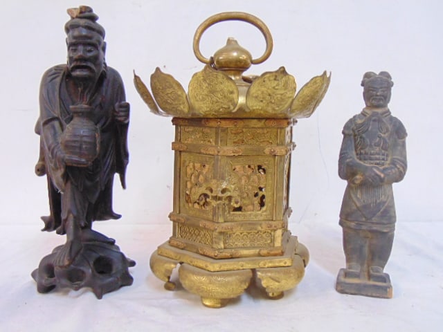 Brass Asian lantern, carved wood Chinese figure & Chinese mud figure, carving is 12.25" tall has (1 of 6)