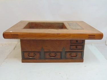 Japanese Hibachi table with copper lined center, drawers in base, table is 37" by 26", height is