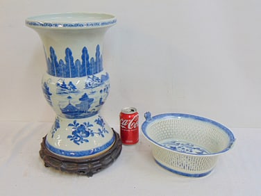 Large Canton vase reticulated basket bowl, blue & white porcelain , vase is 15.25" tall (excluding
