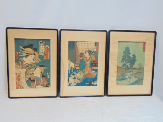 3 Japanese woodblock prints, various scenes, 19.75" by 13.75" each (framed size), two are water: 3 Japanese woodblock prints, various scenes, 19.75" by 13.75" each (framed size), two are water damaged