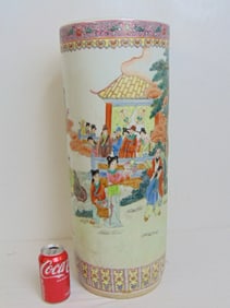 Chinese porcelain umbrella stand, various scenes & calligraphy, height is 23.75"