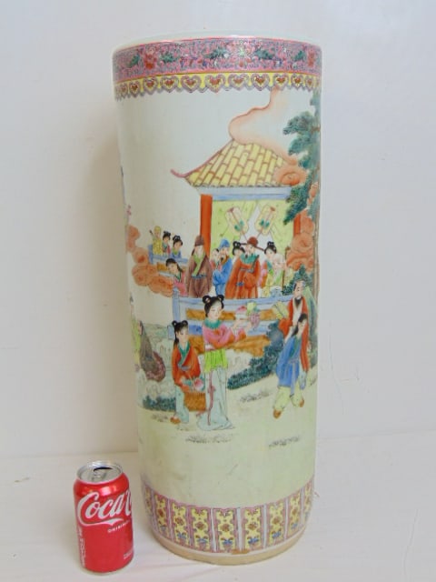 Chinese porcelain umbrella stand, various scenes & calligraphy, height is 23.75": Chinese porcelain umbrella stand, various scenes & calligraphy, height is 23.75"