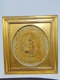Antique silk embroidery depiction Mother, child, & dog with floral decoration in gold gilt frame, 23