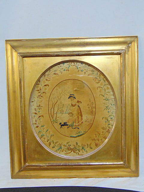 Antique silk embroidery depiction Mother, child, & dog with floral decoration in gold gilt frame, 23 (1 of 7)
