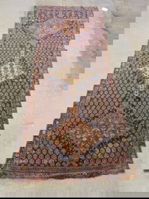 Persian runner rug, dark colors, Hamadan (?), worn, carpet is 9'1" by 3'7"