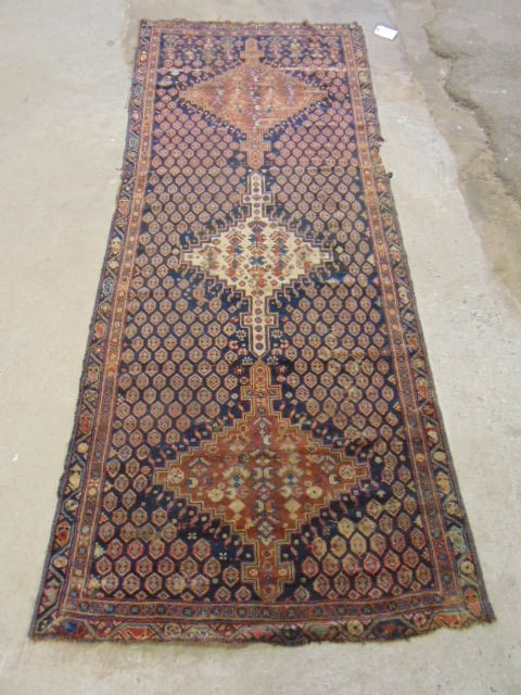 Persian runner rug, dark colors, Hamadan (?), worn, carpet is 9'1" by 3'7" (1 of 7)