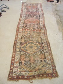 Persian runner rug, geometric pattern, worn, stains, carpet is 12'6" by 44",