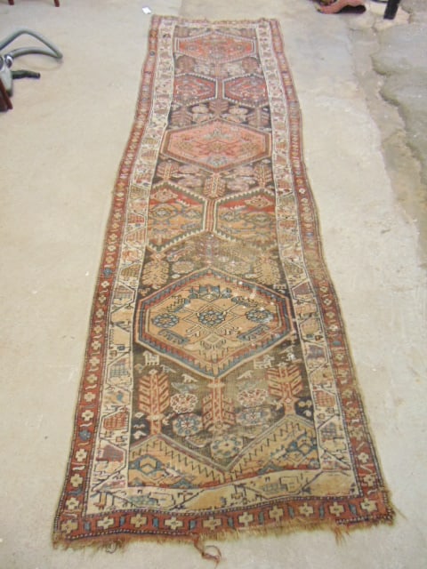 Persian runner rug, geometric pattern, worn, stains, carpet is 12'6" by 44", (1 of 6)