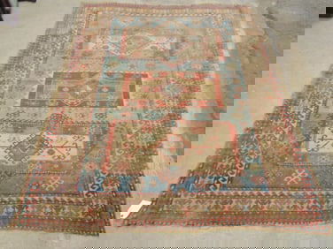 Persian carpet, in blue, Kazak (?), rug is 7'4" by 5'9", worn.
