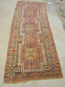 Persian runner rug, square patterns, worn, carpet is 10'4" by 3'10"
