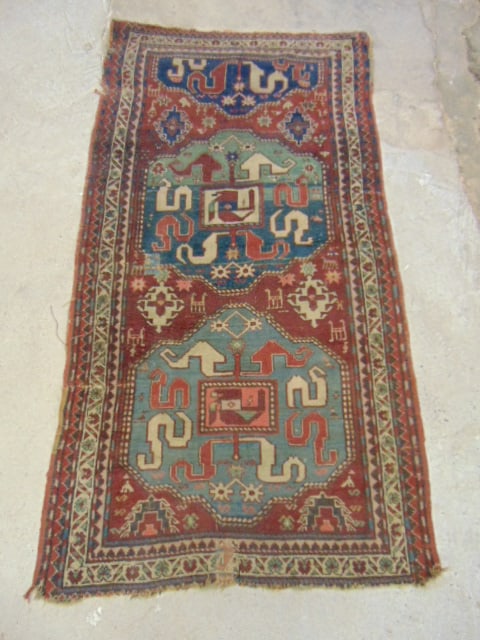 Caucasian scatter rug, Kazak, carpet is 81" by 43", several old patch repairs (1 of 6)