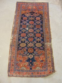 Antique Persian scatter rug, Mahal (?), in deep blue, red, carpet is 81" by 40.5", worn.