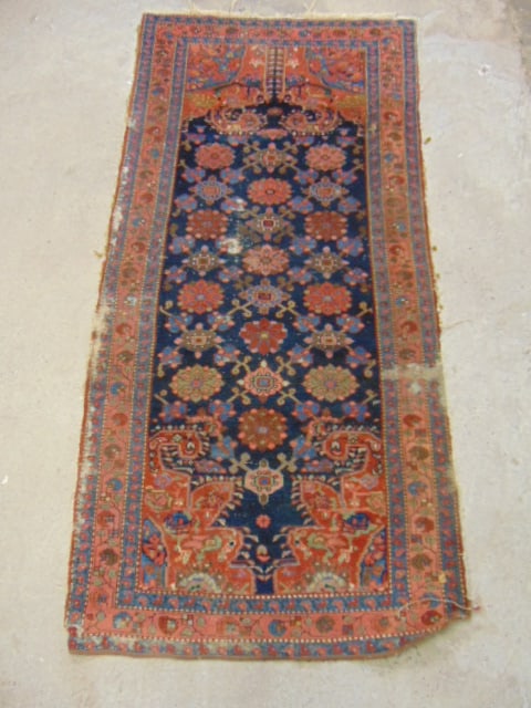 Antique Persian scatter rug, Mahal (?), in deep blue, red, carpet is 81" by 40.5", worn. (1 of 7)