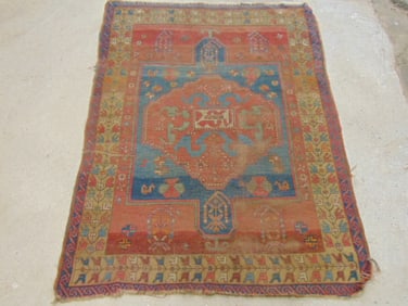 Antique Turkish scatter rug, worn, carpet is 66" by 49.5"