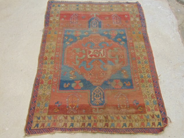 Antique Turkish scatter rug, worn, carpet is 66" by 49.5" (1 of 5)