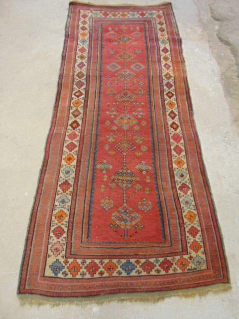 Antique runner rug, appears Kurdish, red with diamond pattern, border, carpet is 9' by 3'10" (1 of 8)