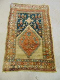 Antique Persian scatter rug, Shiraz, tribal, worn, carpet is 74" by 48", old repairs