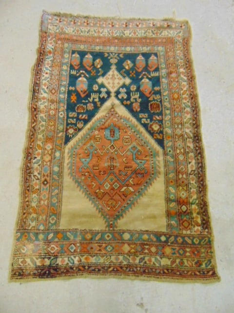 Antique Persian scatter rug, Shiraz, tribal, worn, carpet is 74" by 48", old repairs (1 of 6)