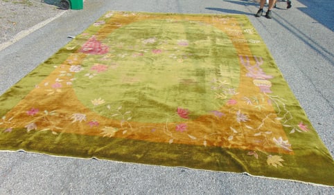 Chinese room size carpet, in green with various decorations, good condition, 11' by 18"