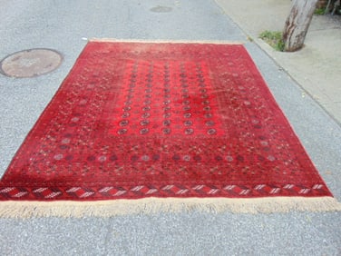 Large Bokhara carpet, in red, rug is 9'10' by 8'6"