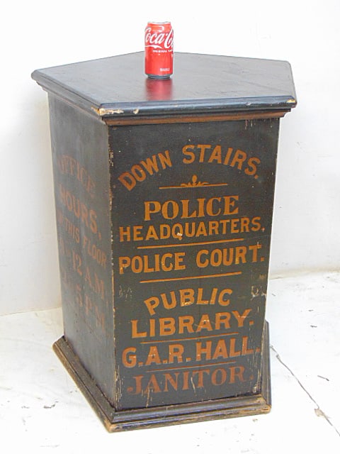 Town Hall direction sign in pedestal form, in original paint, each side shows info regarding Police, (1 of 7)