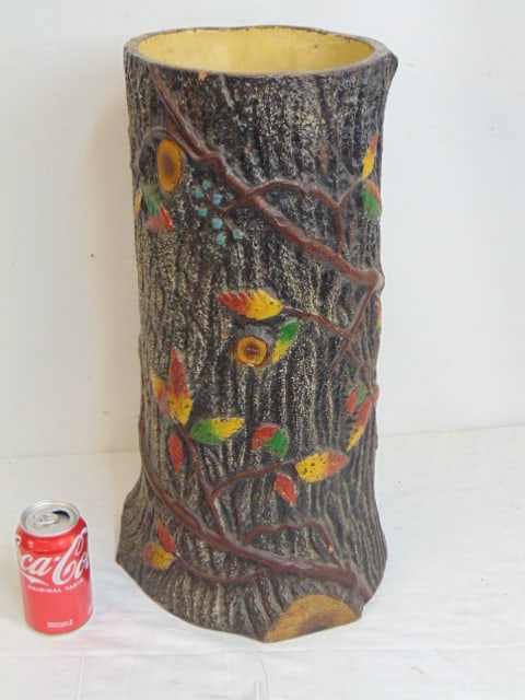 Rustic Faux Bois umbrella stand decorated with fall colored leaves, height is 20.75", few minor (1 of 4)