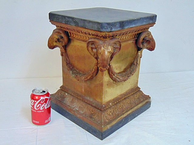 Bronze base slate top pedestal with rams head corners, pedestal is 11.5" by 11.5", height is 14.5" (1 of 4)