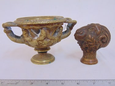 Small neoclassical bronze bowl & Rams Head finial or knob, bowl decorated with various figures,