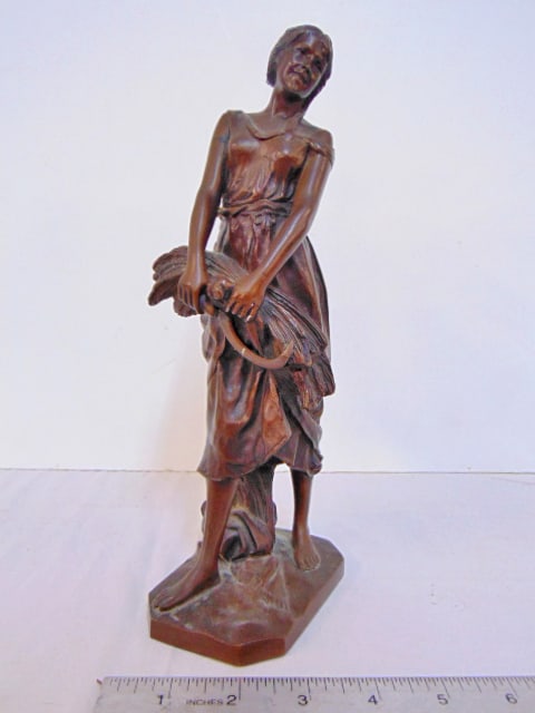 Bronze figure by Paul Aichele, woman with sickle & wheat, "H. Gladenbeck & Sohn, height is 10": Bronze figure by Paul Aichele, woman with sickle & wheat, "H. Gladenbeck & Sohn, height is 10"
