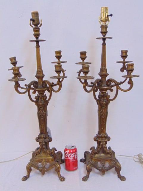 Pair bronze continental candelabra, 4 arms plus center, rear arms removed, height is 30", base to (1 of 6)