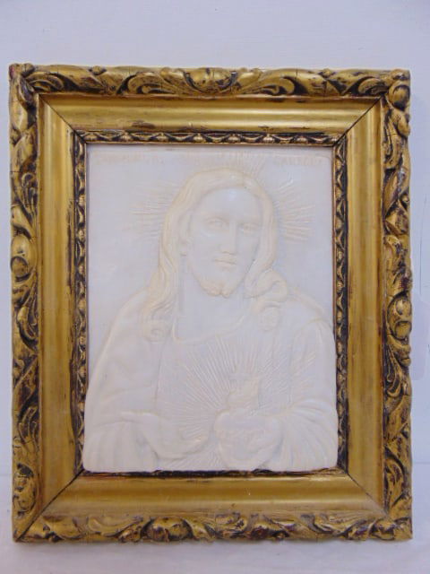 Carved marble plaque, Jesus portrait, "Menghini R." upper left, "Carrara" upper right, 11.75" by 10" (1 of 4)