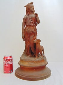 Terra cotta statue, figure, "Dianna", with dog at her side, height is 19.25", marked F.G.W. ?, dog