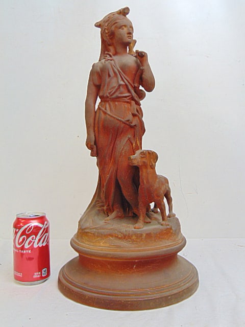 Terra cotta statue, figure, "Dianna", with dog at her side, height is 19.25", marked F.G.W. ?, dog (1 of 5)