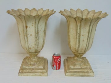 Pair of decorative white urns, flower form, good condition, 17 1/2" height 12 3/4" top