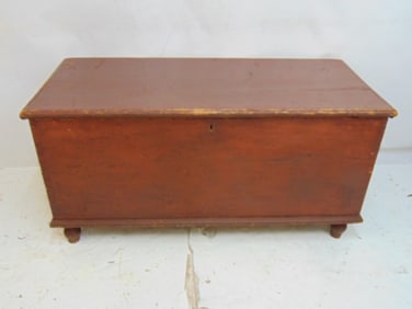 Antique pine blanket box in red paint, 45 3//4" wide 20 1/4" deep 22 1/2" tall