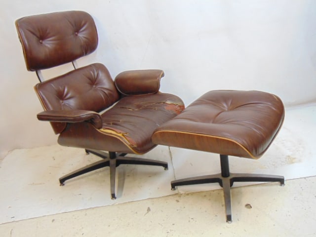 Early Plycraft chair with ottoman, as is , seat has tears, damage: Early Plycraft chair with ottoman, as is , seat has tears, damage