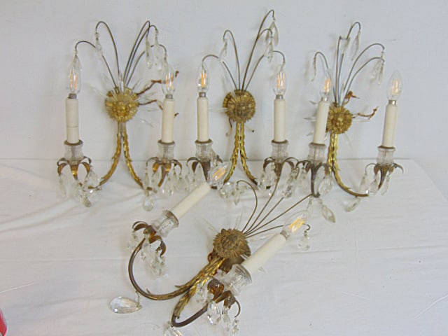 Set 4 decorative wall sconces, brass & crystal, with decorative medallions in center, glass cups & (1 of 4)